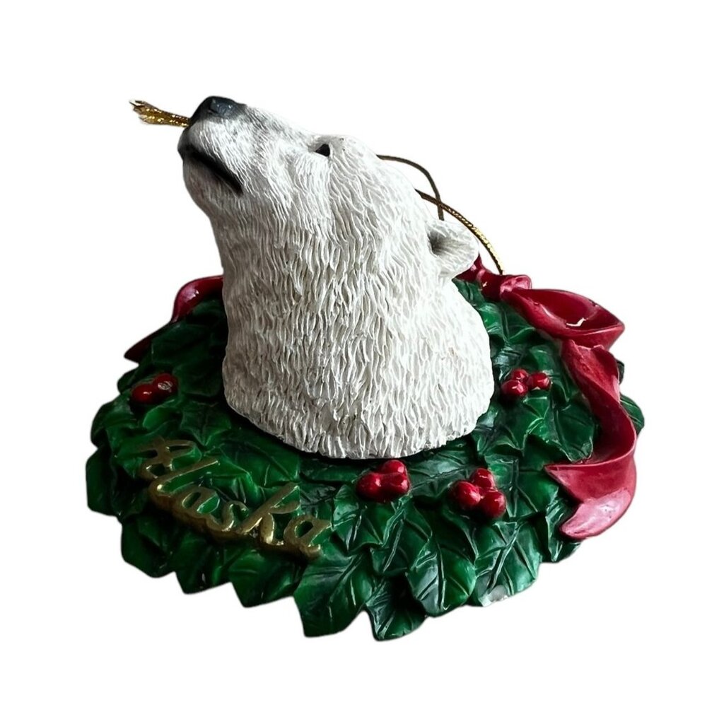 Polar Bear Christmas Ornament Alaska Wreath With Red Bow & Berries - White Green - Picture 5 of 8